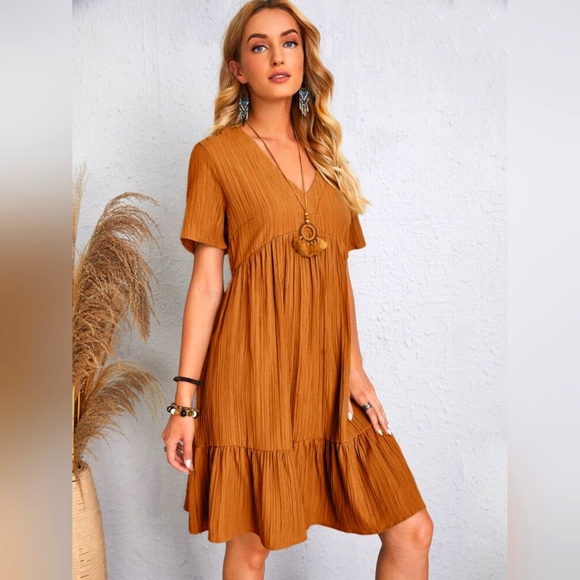 Full Size V-Neck Short Sleeve Caramel Midi Dress - Picture 1 of 5